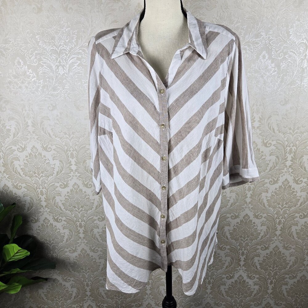 Catherine's Size 1XWP 18/20WP Cream White Striped Linen/Cotton Blend Blouse